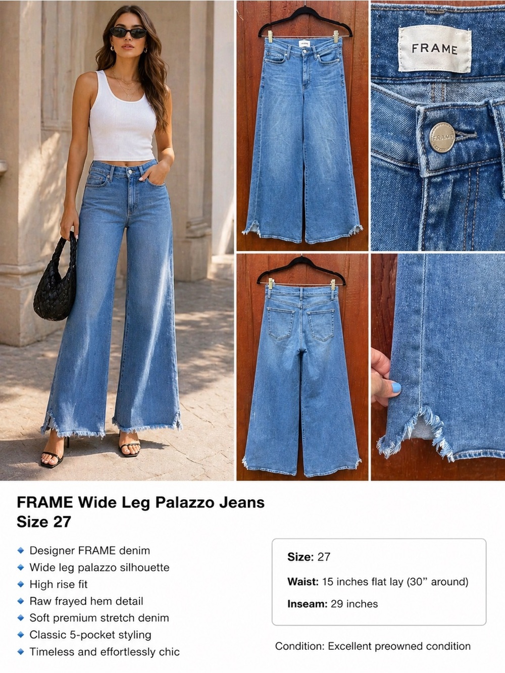 Frame Wide Leg Palazzo Jeans Size 27 High Rise Raw Hem Blue Denim Pants